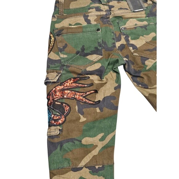 Cote De Nuits Mens 28x30 Camo Jeans Designer Sequin Patches Cargo Haute Couture - Picture 14 of 16